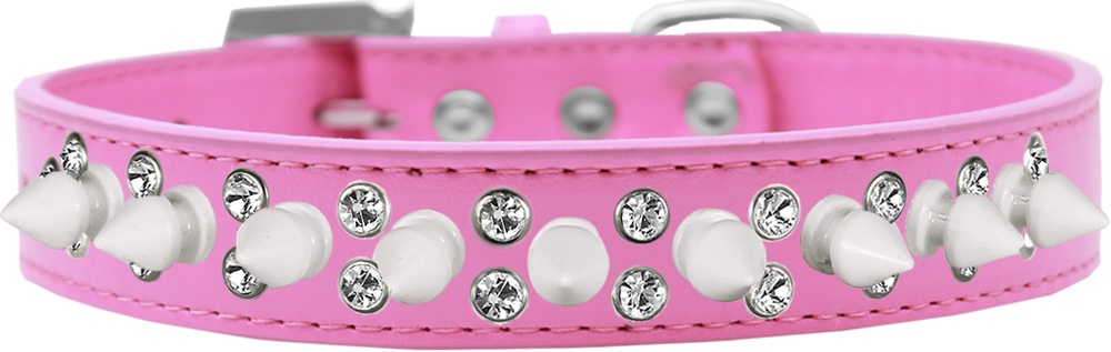 Double Crystal and White Spikes Dog Collar Bright Pink Size 16